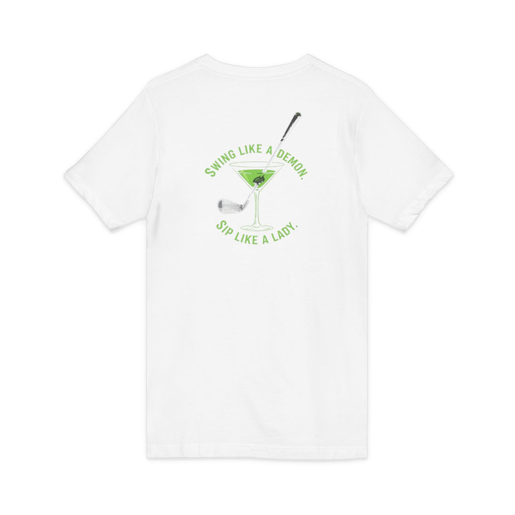 The Stephanie — Women's Golf V-Neck Tee | Neon Green Martini Graphic