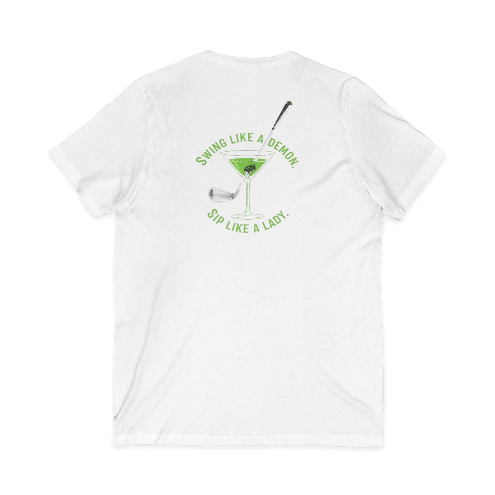 The Stephanie — Women's Golf V-Neck Tee | Neon Green Martini Graphic
