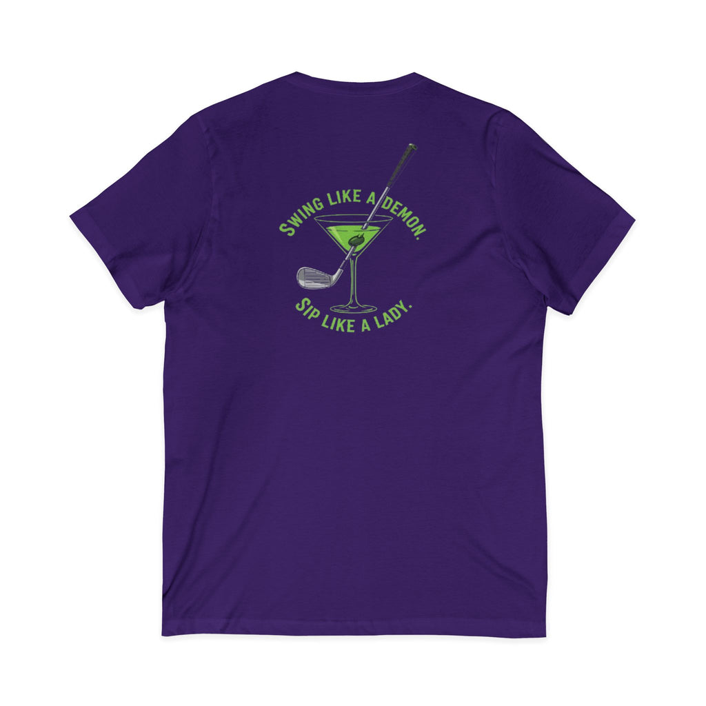 The Stephanie — Women's Golf V-Neck Tee | Neon Green Martini Graphic