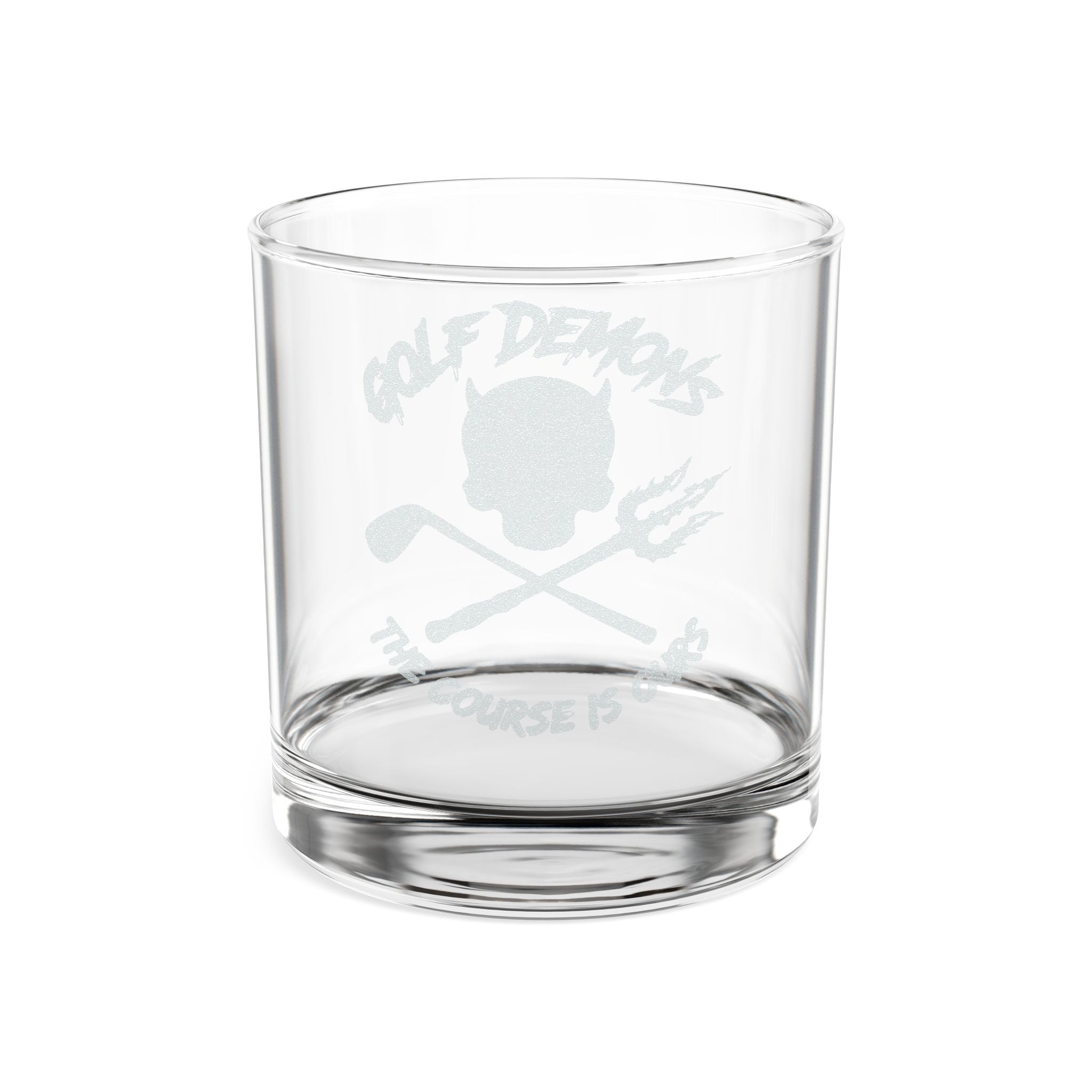 Engraved Whiskey Glass 10.5oz — Golf Demons Skull & Crossed Clubs Design