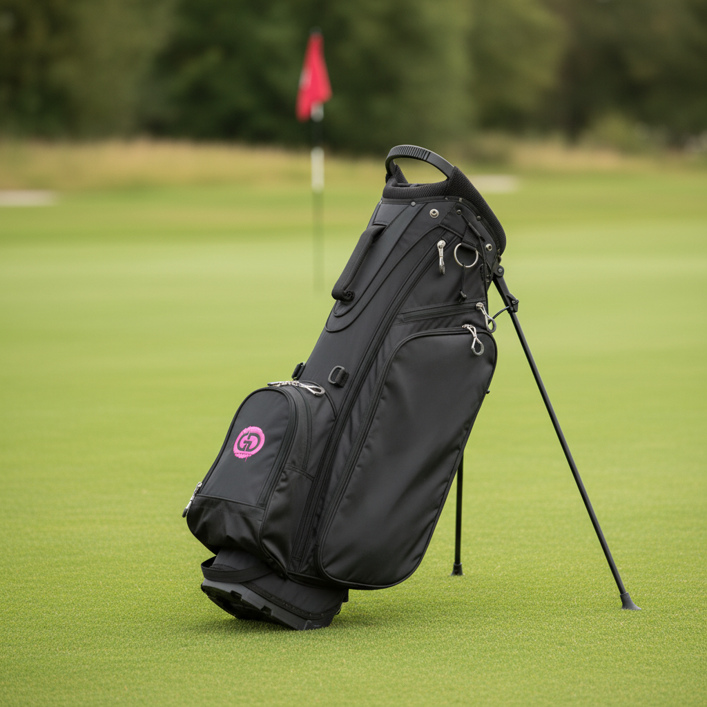 Black/Pink Golf Demons bag, GD-badge side, on a golf course