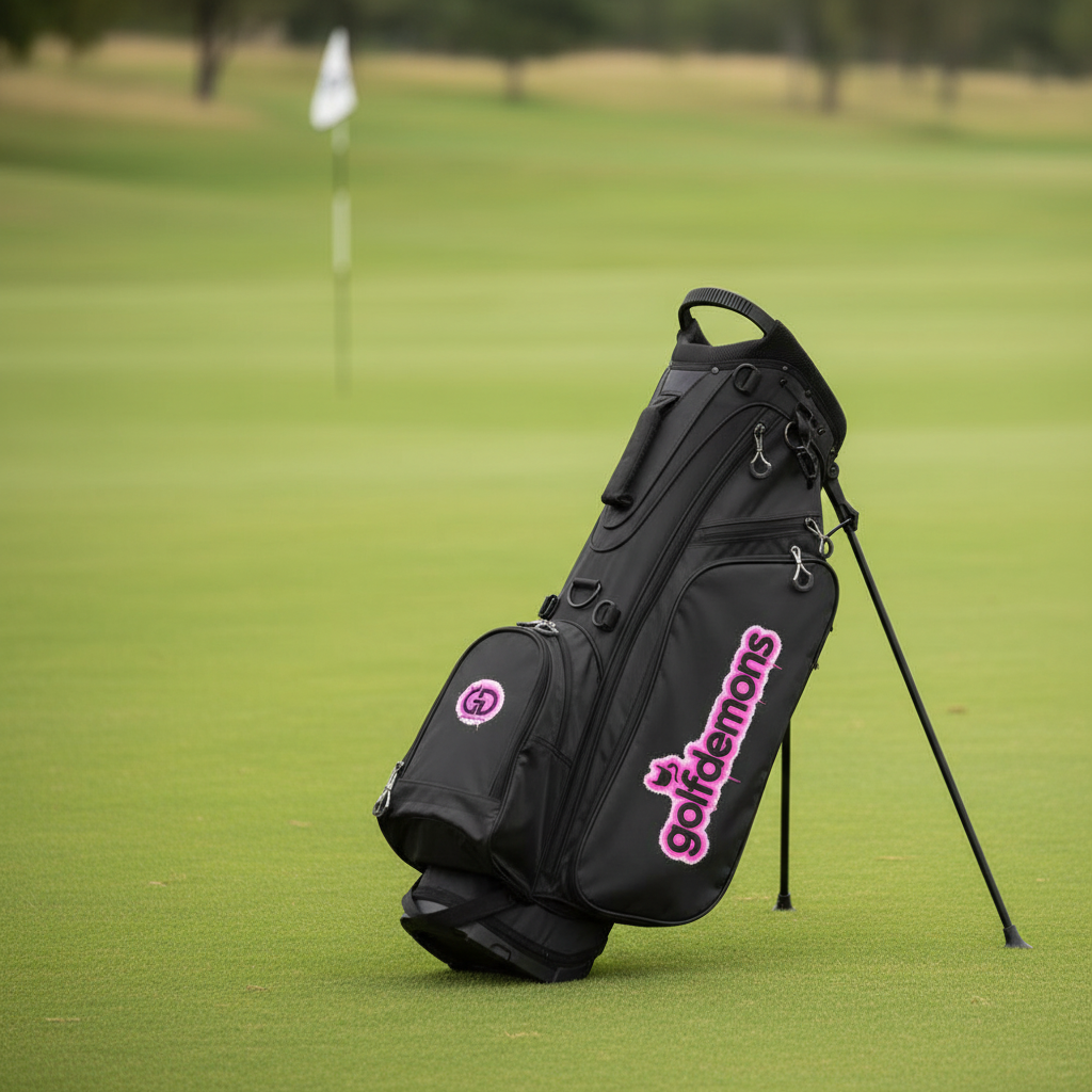 Black/Pink Golf Demons bag, logo side, on a golf course