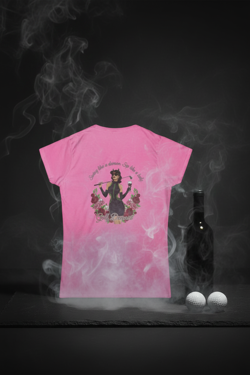 The Stephanie — Women's Golf Demons Tee, smoky still life with wine bottle and golf balls