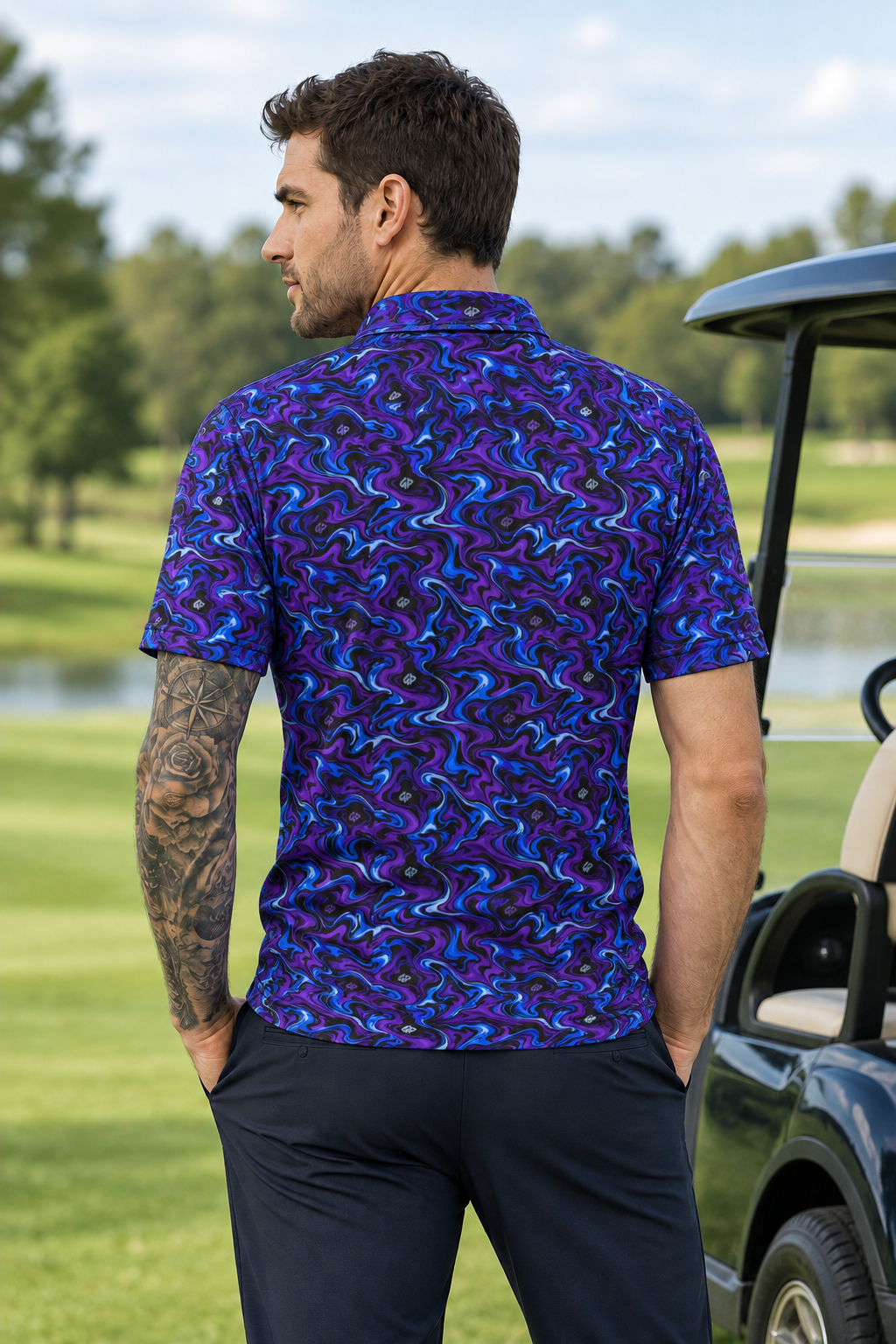 Purple Haze back-view image beside a golf cart