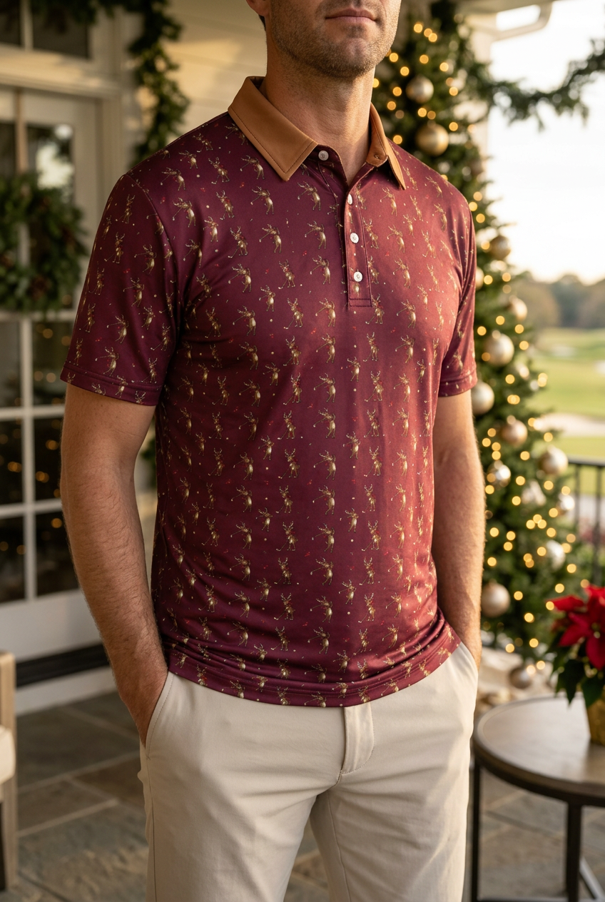 Reindeer Games polo on a Christmas-decorated clubhouse patio