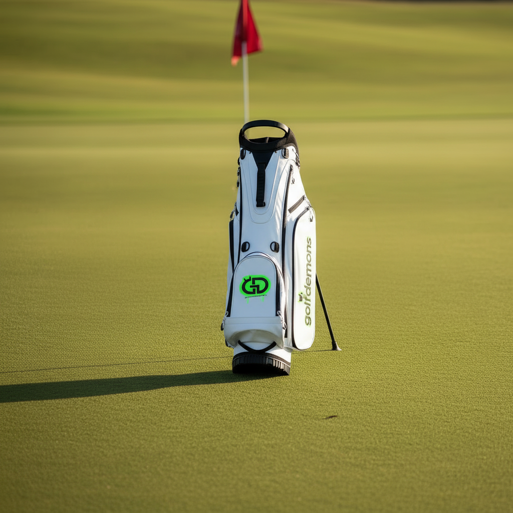 Single Golf Demons White/Green golf bag on a golf course