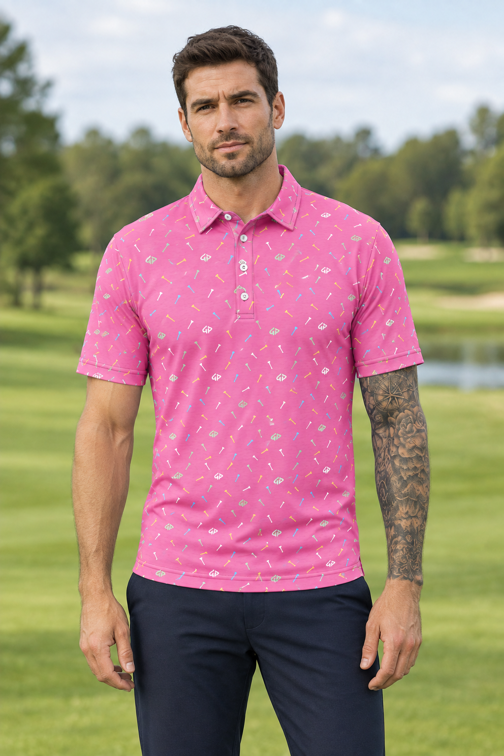 Tee Time polo matching front-view course image