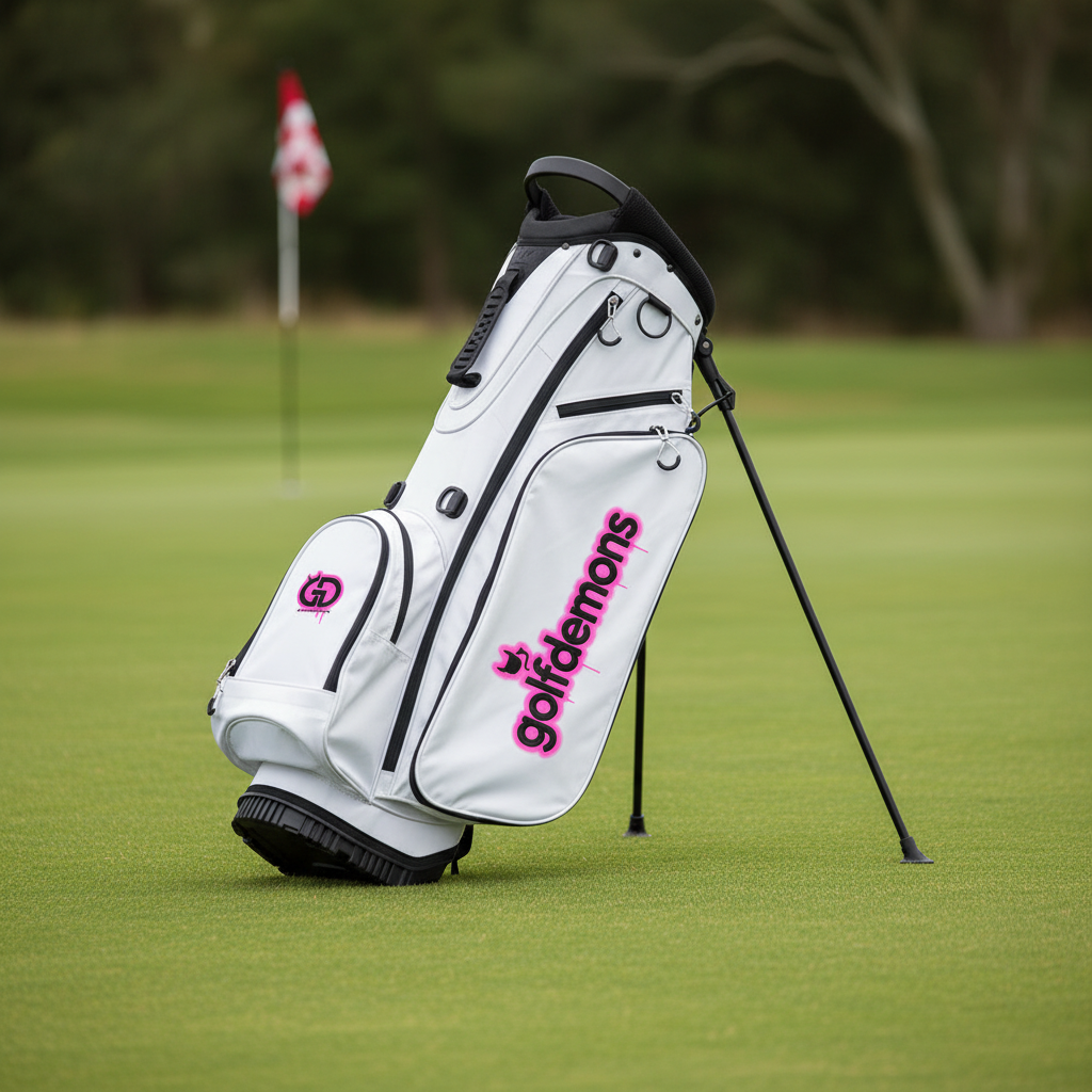 White/Pink Golf Demons bag, GD-badge side, on a golf course